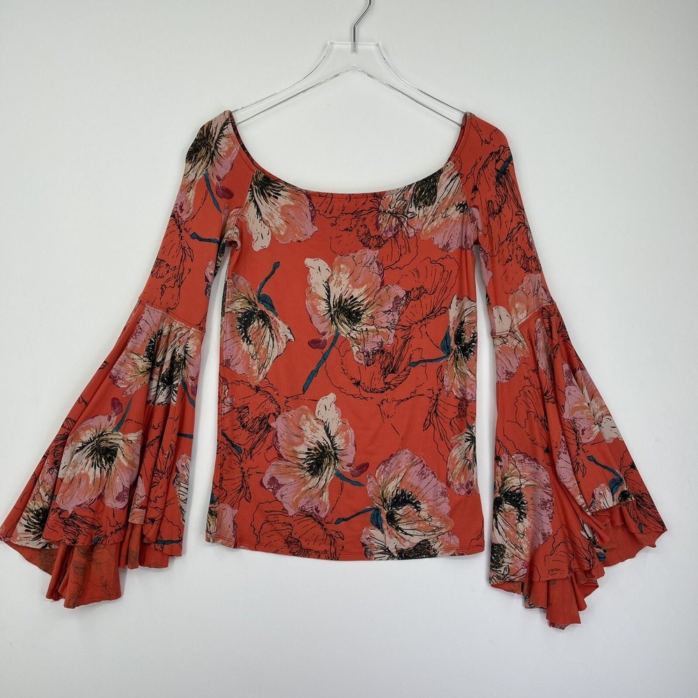 We The Free Womens Medium Top Orange Floral Long Sleeve Off Shoulder Blouse